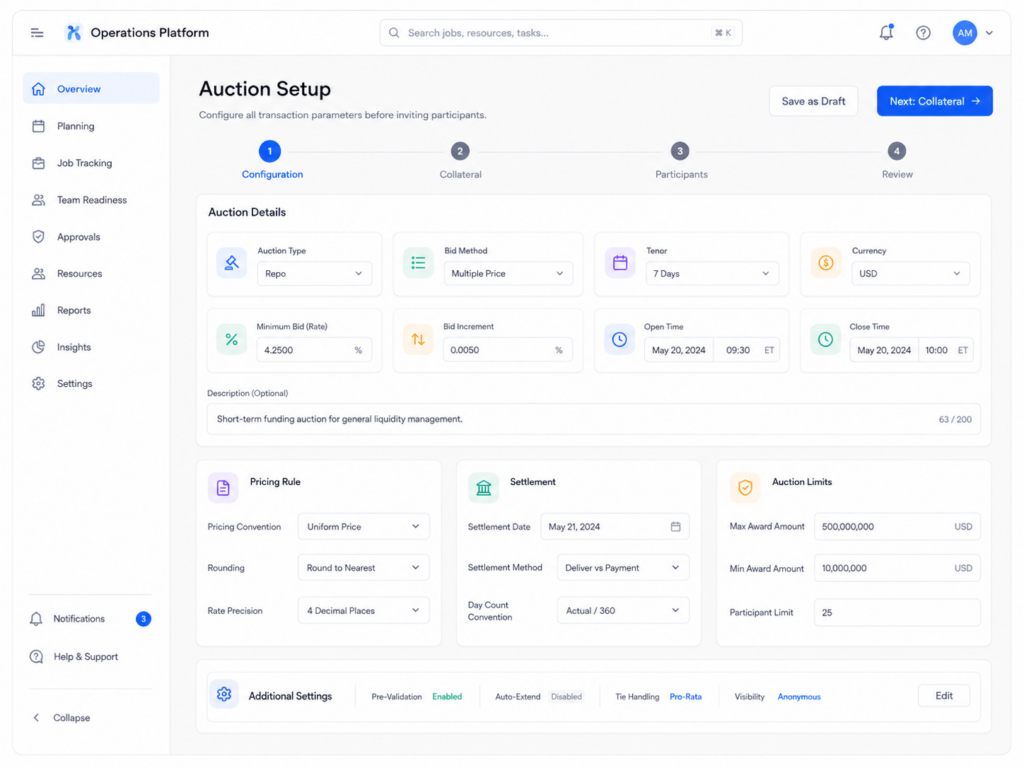 Capital markets auction setup interface for configuring auction type, bid method, tenor, bidding window, pricing rules, collateral, and participants.