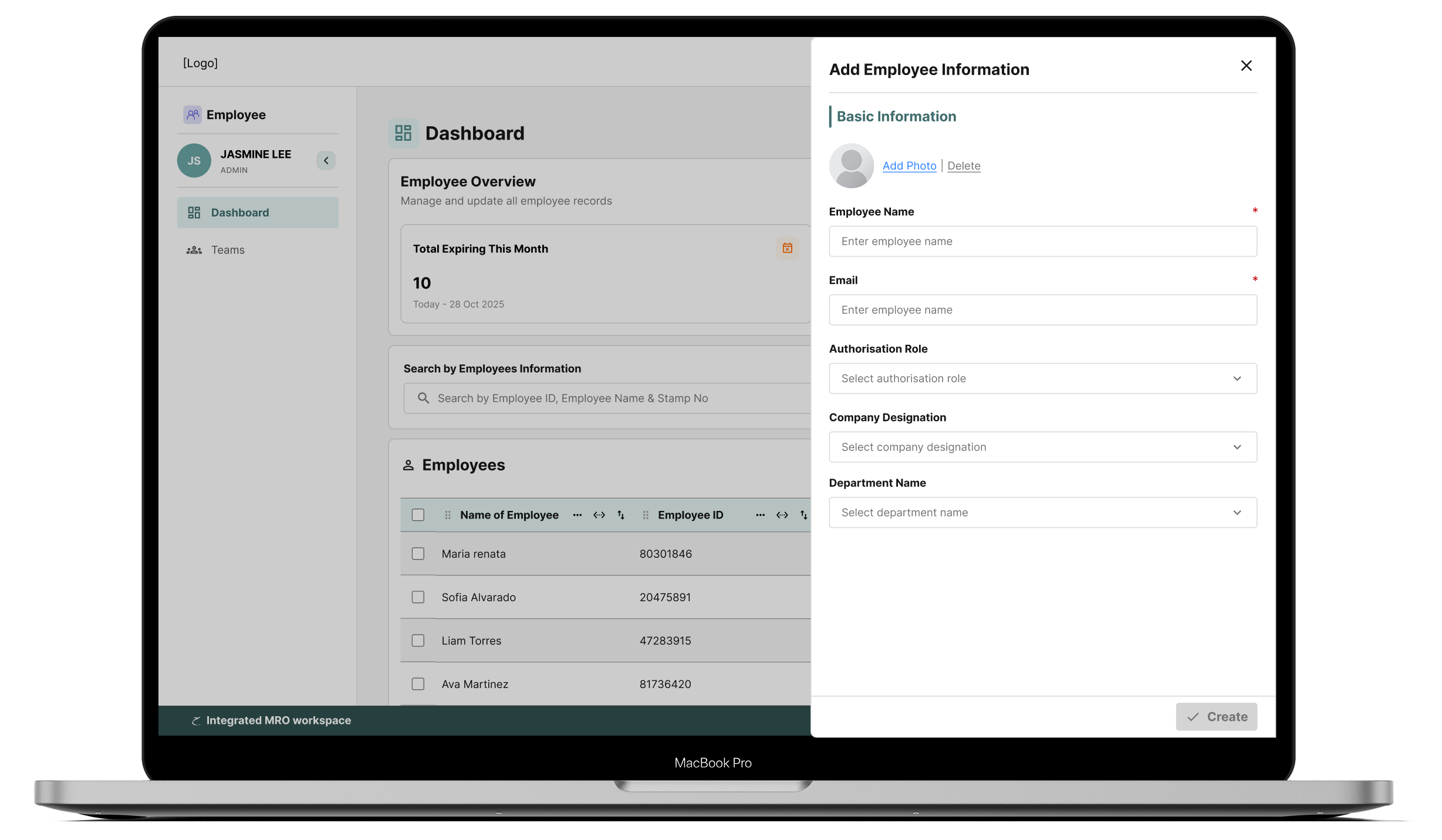 Employee management system showing employee records, roles, designation, and department information