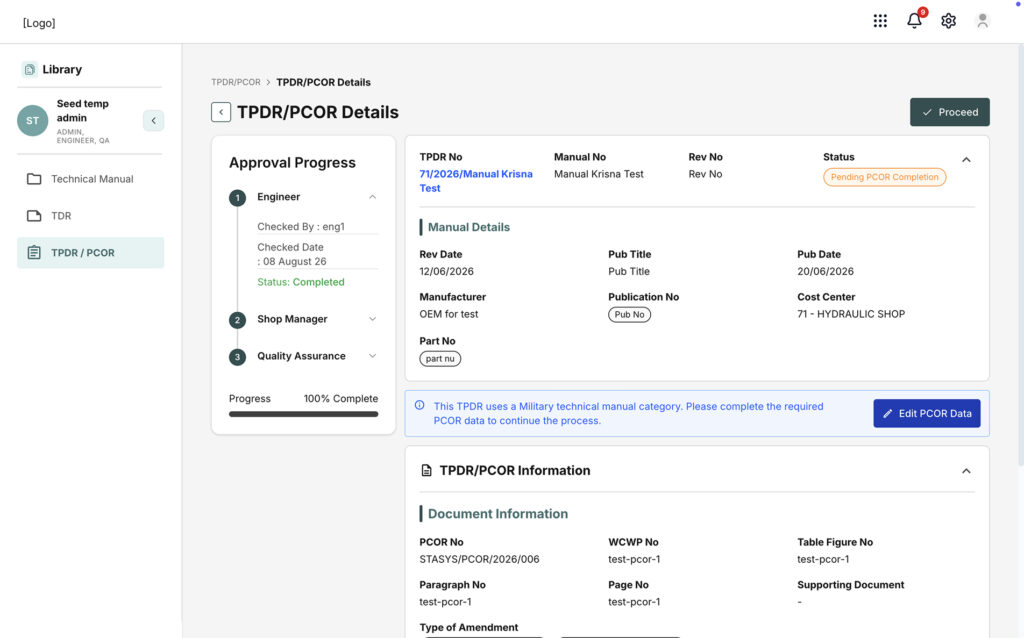 Aviation compliance workflow showing Engineer, Shop Manager, and Quality Assurance approval stages