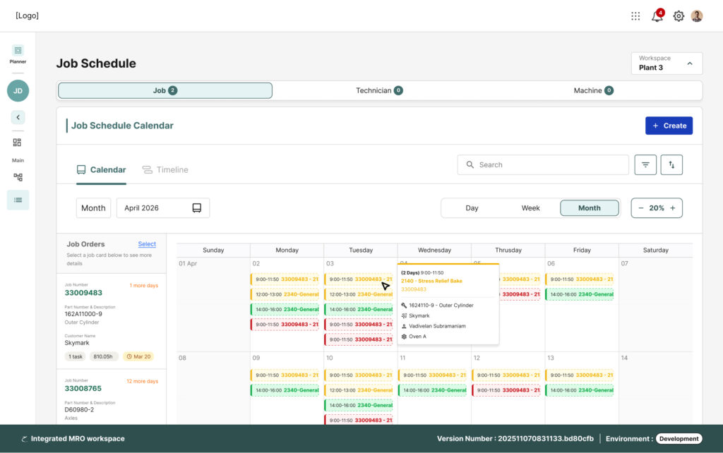 Enterprise scheduling system for aviation maintenance showing job orders, technicians, and machine schedules
