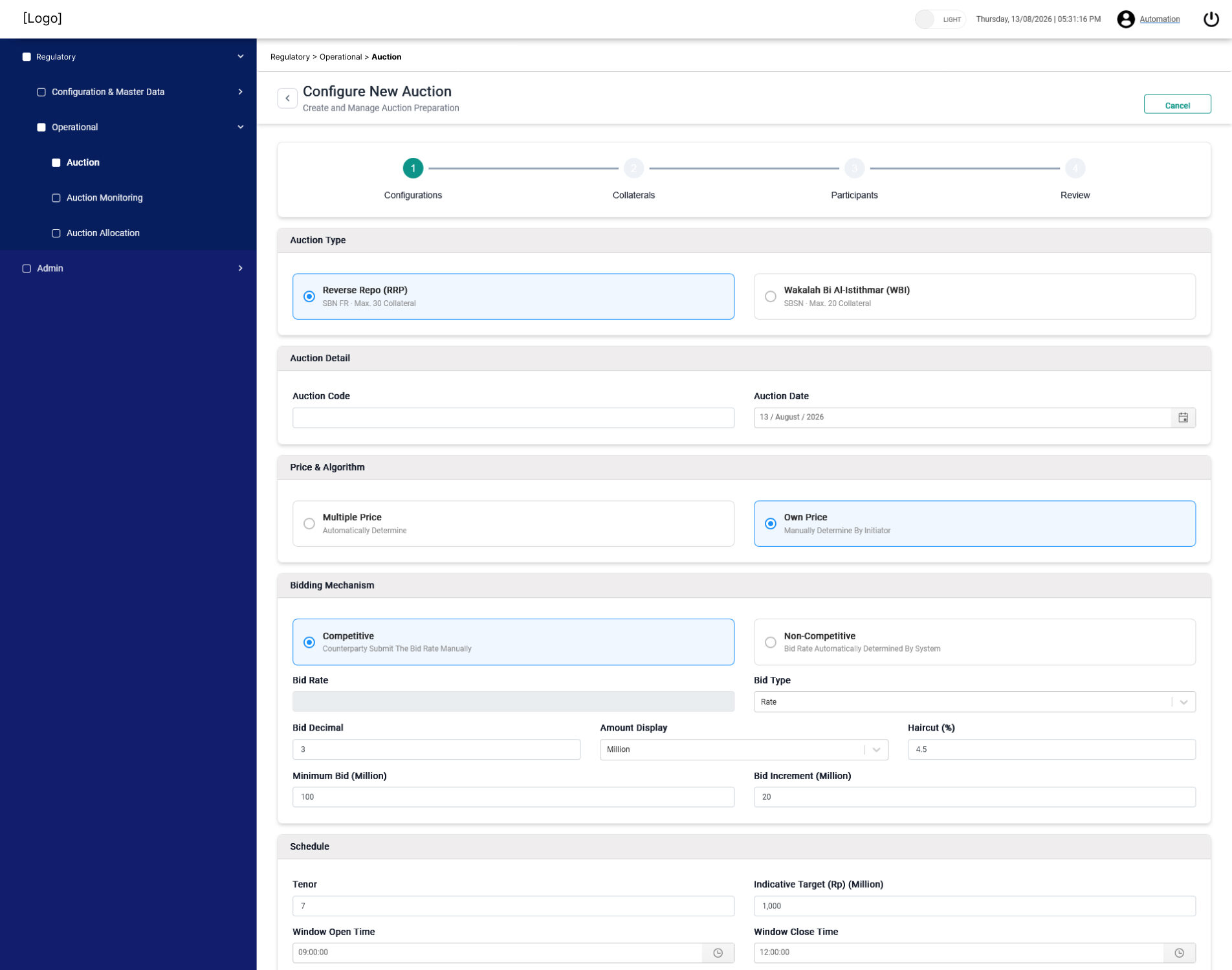 Auction management system showing auction type, bidding mechanism, tenor, and schedule configuration