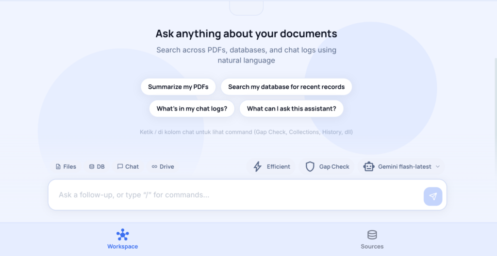 Document Intelligence workspace showing natural-language search across PDFs, databases, and chat logs